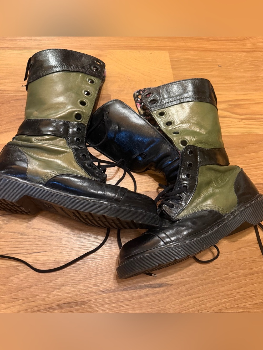 Dr. Martens Triumph Green and Black Lace-Up Combat Boots With Floral lining